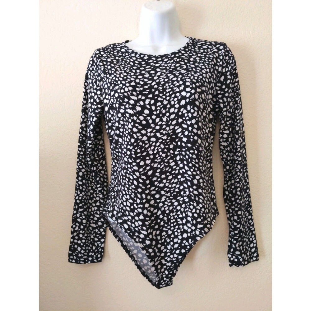 Gaze Bodysuit Black White Snap Crotch Long Sleeve Round Neck Size Medium